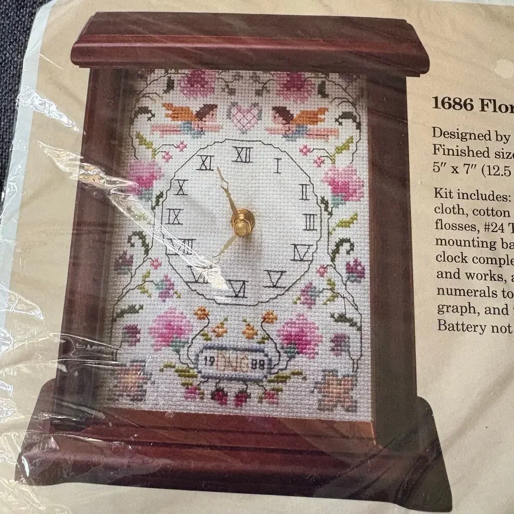 Floral Clock 1686 Vintage Counted Cross Stitch Kit by The Creative Circle - 1986